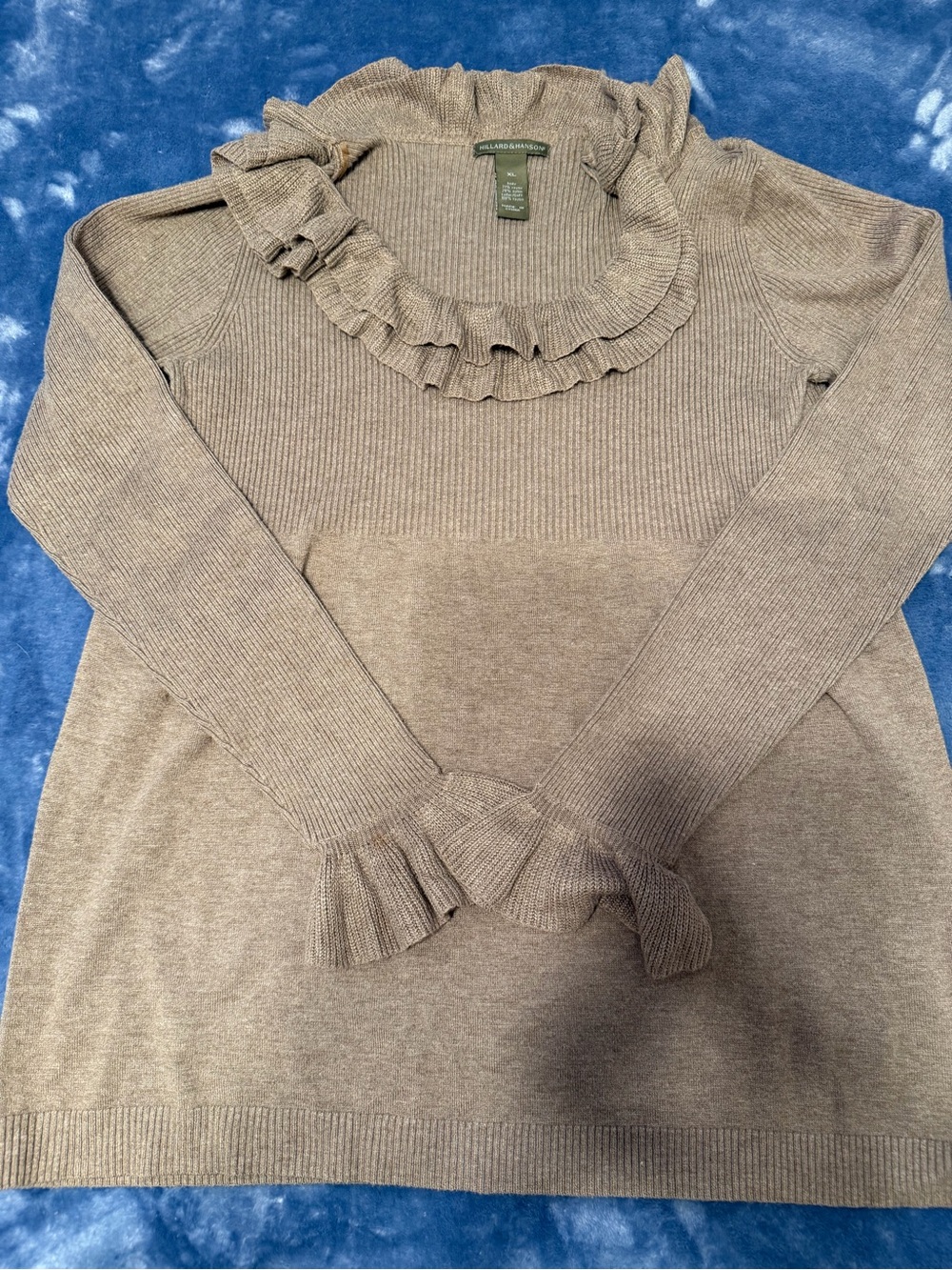 Hillard & Hanson Taupe Ruffle-Neck Ribbed matching ruffle cuffs
